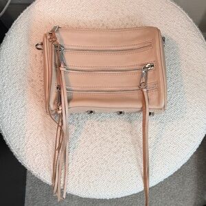 Rebecca Minkoff leather zip tassel crossbody nude cream silver